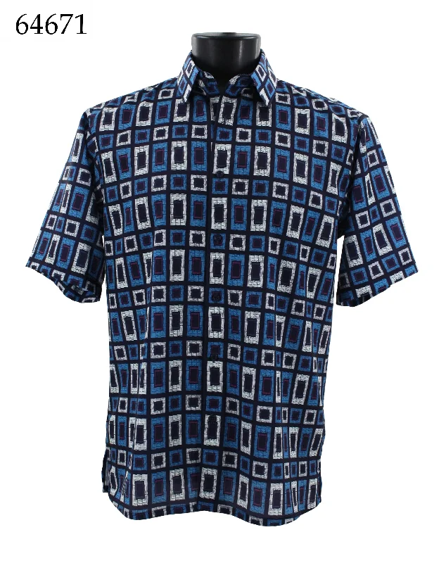 Bassiri Short Sleeve Button Down Casual Printed Men's Shirt - Geometric Pattern Blue #64671 Beach