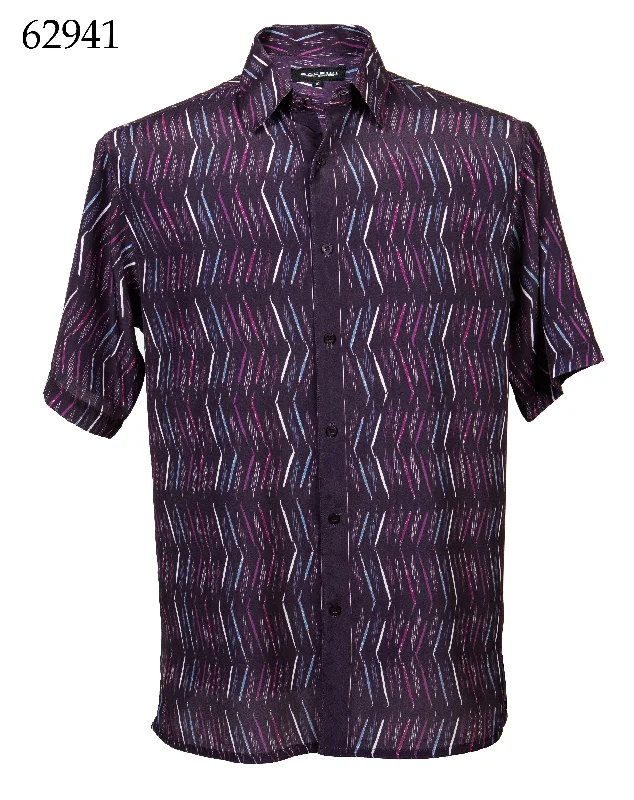 Bassiri Short Sleeve Button Down Casual Printed Men's Shirt - ZigZag Pattern Plum #62941 Sharp Men's Italian