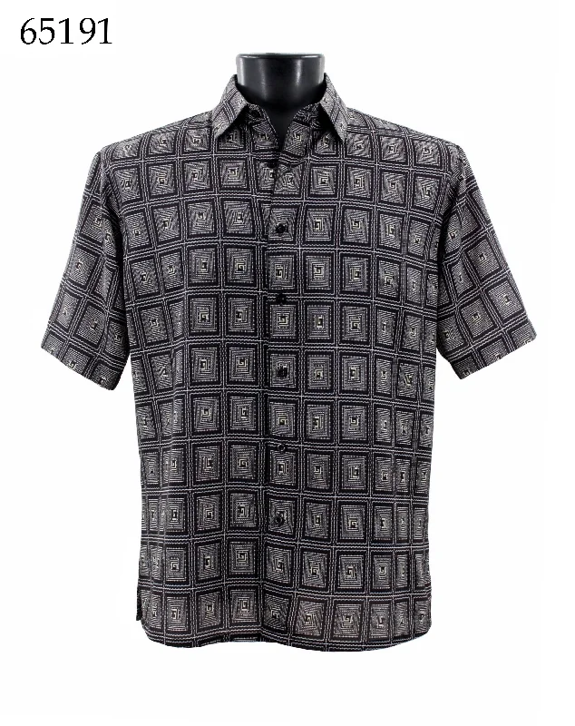 Bassiri Short Sleeve Button Down Casual Printed Men's Shirt - Geometric Pattern Black #65191 Monochromatic Office Style