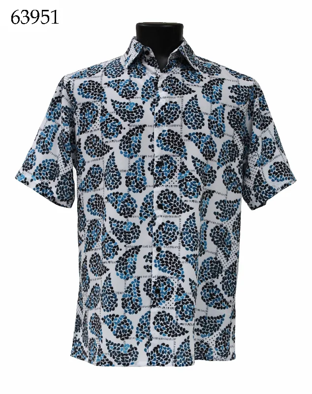 Bassiri Short Sleeve Button Down Casual Printed Men's Shirt - Leaf Pattern Turquoise #63951 Cool Men's Skate