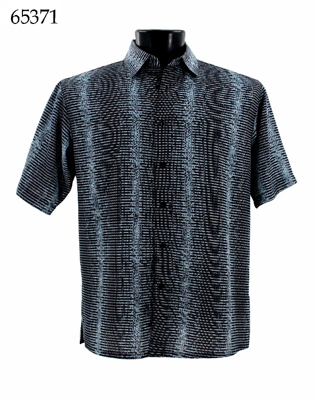 Bassiri Short Sleeve Button Down Casual Printed Men's Shirt - Stripe Pattern Light Blue #65371 Elegant Men's Cashmere