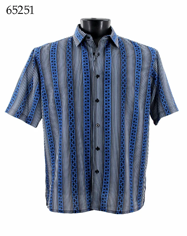 Bassiri Short Sleeve Button Down Casual Printed Men's Shirt - Stripe Pattern Royal Blue #65251 Trendy Men's Oversized