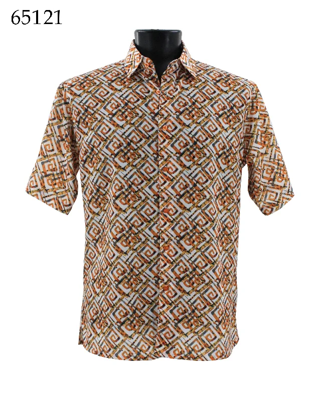 Bassiri Short Sleeve Button Down Casual Printed Men's Shirt -Geometric Pattern Orange #65121 Refined Men's European