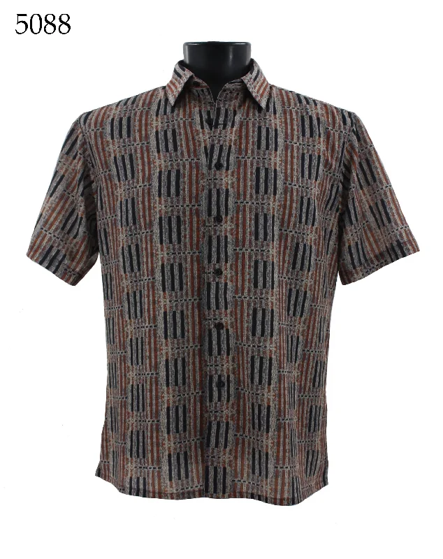 Bassiri Short Sleeve Button Down Casual Printed Men's Shirt - Stripe Pattern Brown #5088 Bold Men's Statement