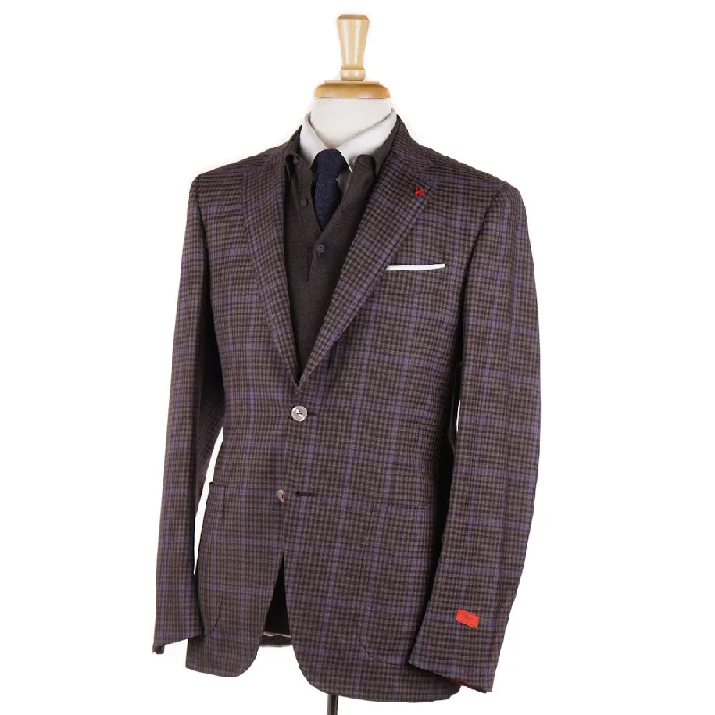 Isaia Brown and Violet Check 140s Wool Sport Coat Streetwear Style