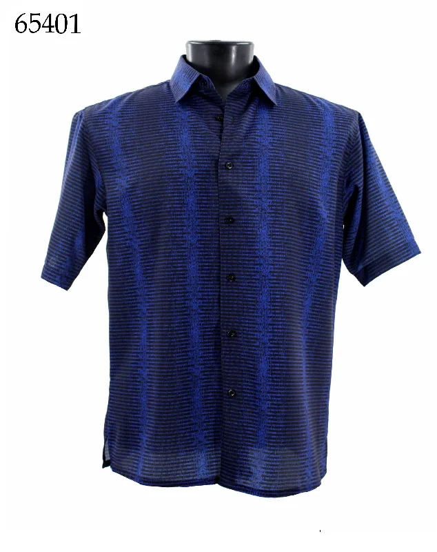 Bassiri Short Sleeve Button Down Casual Printed Men's Shirt - Stripe Pattern Royal Blue #65401 Tailored