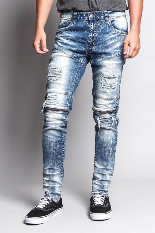 Destroyed Skinny Jean with Zippered Knee Unique Men's Patch