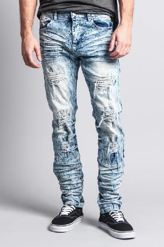 Men's Destroyed Light Acid Washed Denim Jeans Sleek Men's Metallic