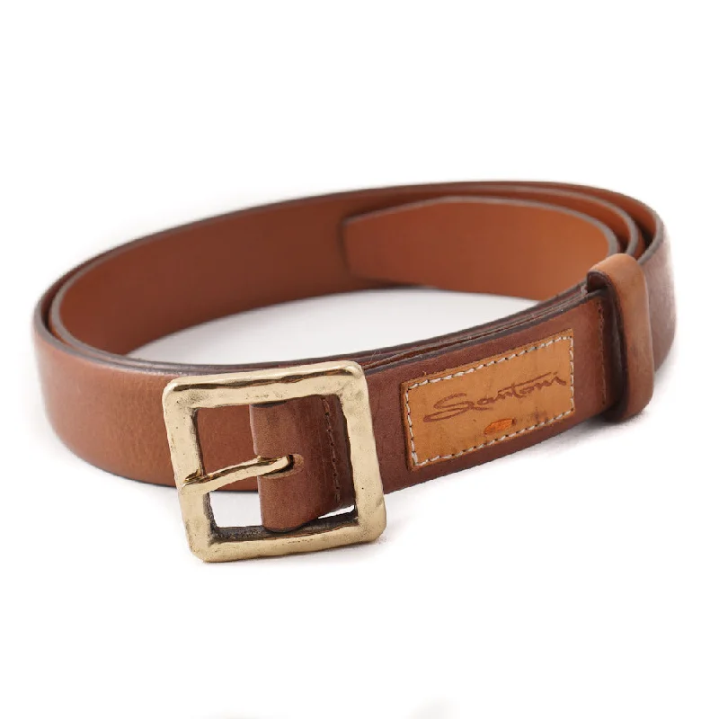 Santoni Medium Brown Leather Belt with Gold Buckle Practical Men's Multi