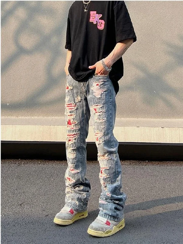 Patch Hole Embroidery Jeans Sophisticated Men's 