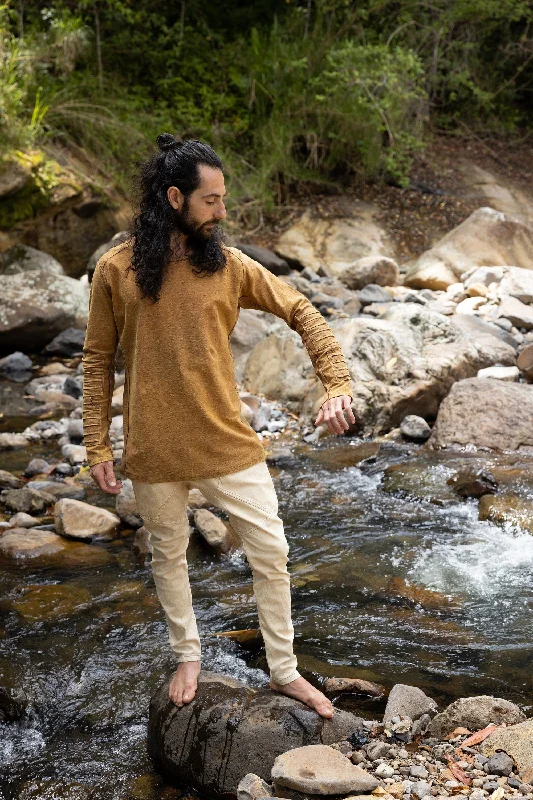 JAMIS Rustic Orange Mens Jumper Long Sleeve Top Pullover Handmade Apocalyptic Dune Rugged Stone Washed Primitive Festival Steampunk AJJAYA Unique Men's Upcycled