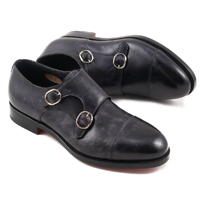 Santoni Double-Buckle Monk Strap in Navy Earthy Men's Hemp