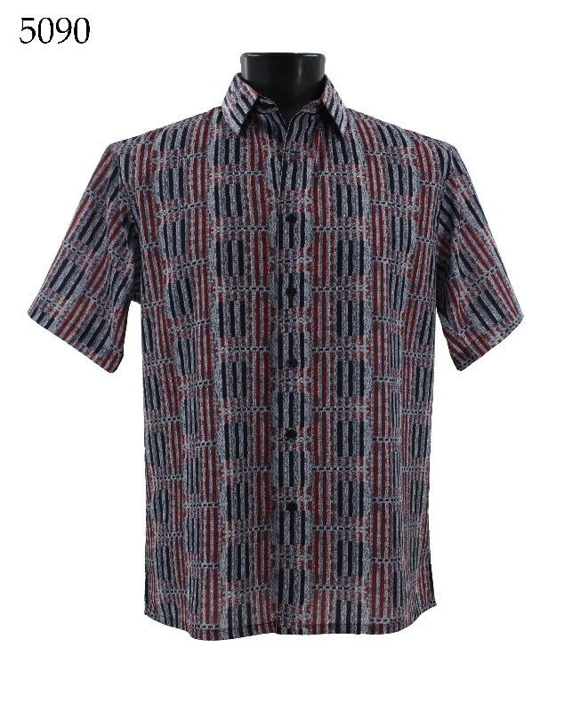 Bassiri Short Sleeve Button Down Casual Printed Men's Shirt - Stripe Pattern Red #5090 Bold Men's Statement