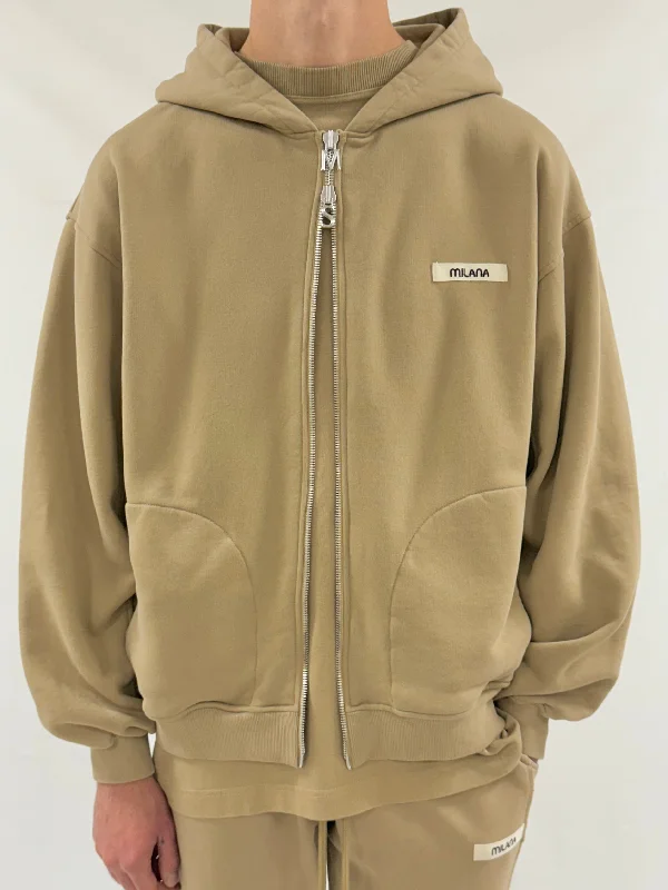 Khaki Brown Core Heavyweight Zip Hoodie. Dynamic Men's High