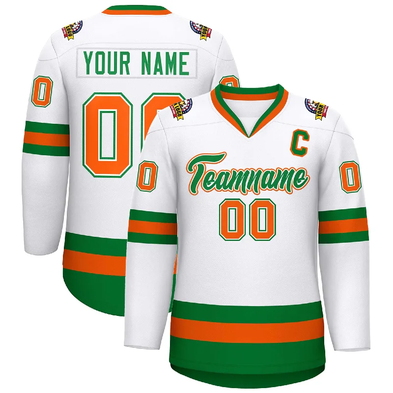 Custom White Kelly Green White-Orange Classic Style Hockey Jersey Tailored