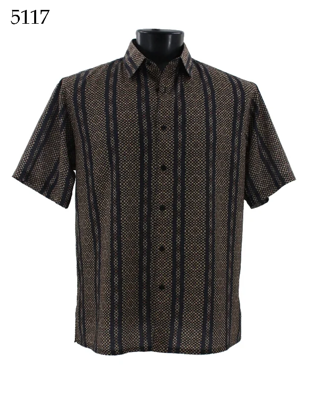 Bassiri Short Sleeve Button Down Casual Printed Men's Shirt - Stripe Pattern Brown #5117 Monochromatic All