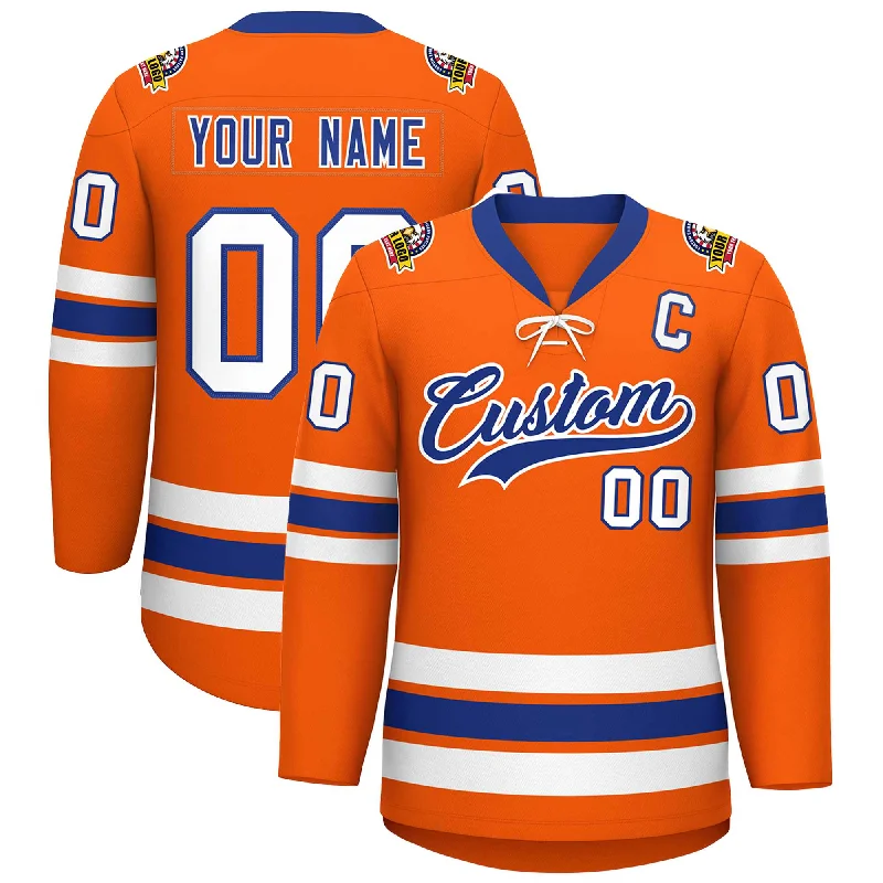 Custom Orange Royal-White Lace-Up Neck Hockey Jersey Practical Men's Multi