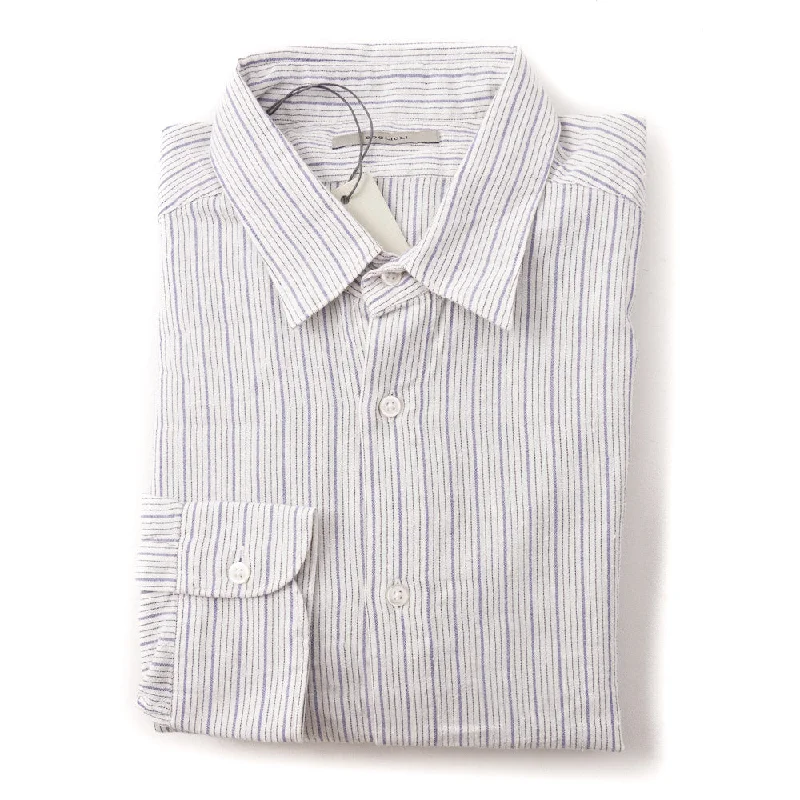 Boglioli Slim-Fit Cotton Shirt in Ivory and Blue Stripe Beach