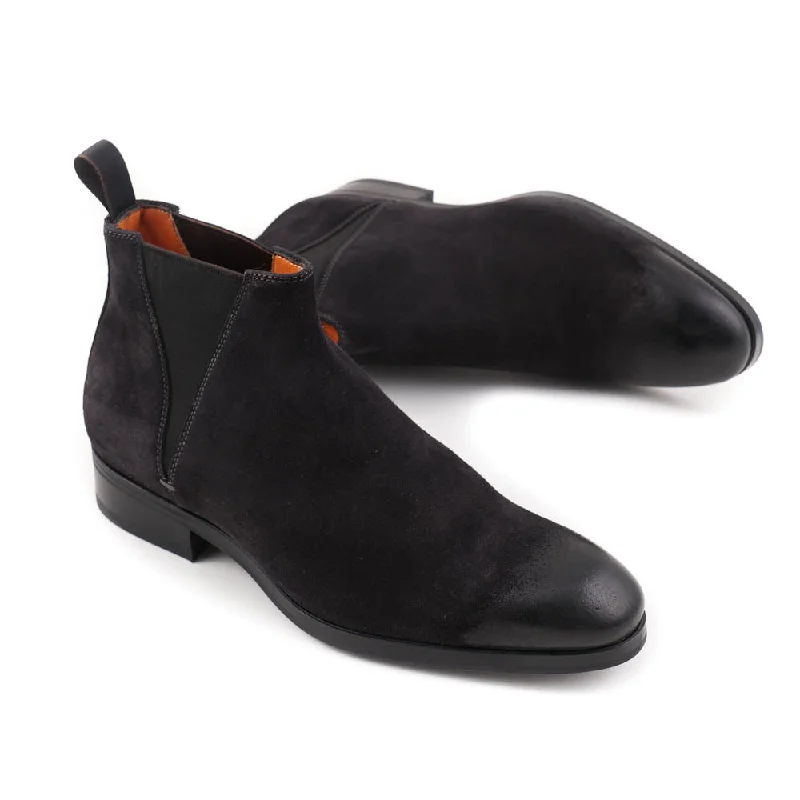 Santoni Chelsea Boot in Black Waxed Suede Traditional Men's Wool