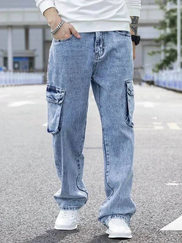 Blue Stone Wash Baggy Fit Cargo Men Jeans Elegant Men's Cashmere