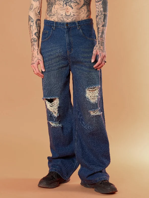 Men Blue Washed Front Distressed Wide Leg Jeans British Gentleman Style