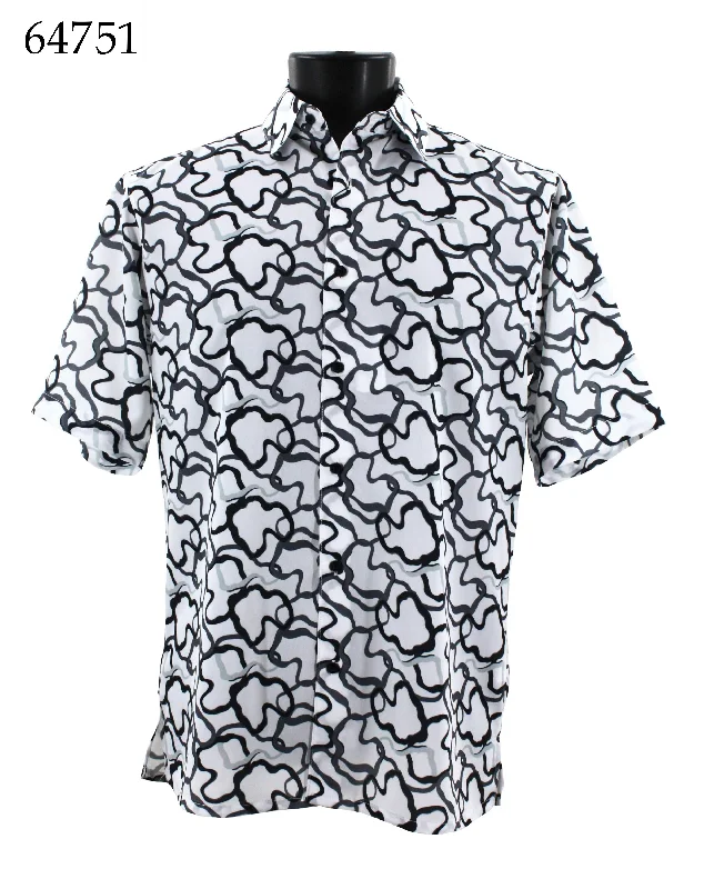 Bassiri Short Sleeve Button Down Casual Printed Men's Shirt - Squiggles Pattern Grey #64751 Tailored