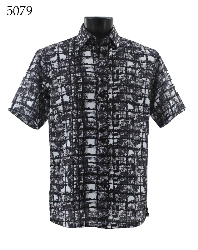 Bassiri Short Sleeve Button Down Casual Printed Men's Shirt - Squares Pattern Grey #5079 Athletic Men's High