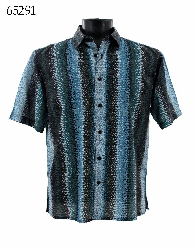 Bassiri Short Sleeve Button Down Casual Printed Men's Shirt - Printed Pattern Blue Teal #65291 Modern Men's Geometric