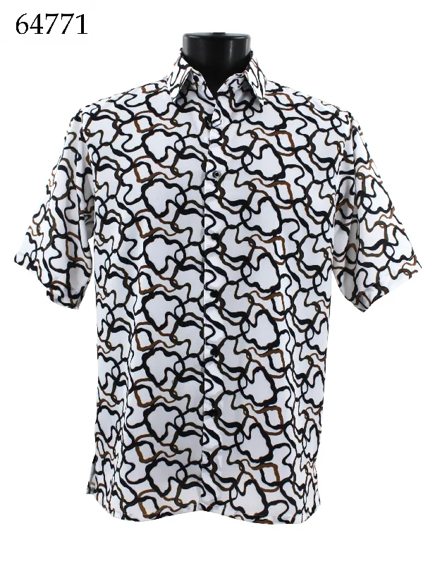 Bassiri Short Sleeve Button Down Casual Printed Men's Shirt - Squiggles Pattern Gold #64771 Unique Men's Upcycled