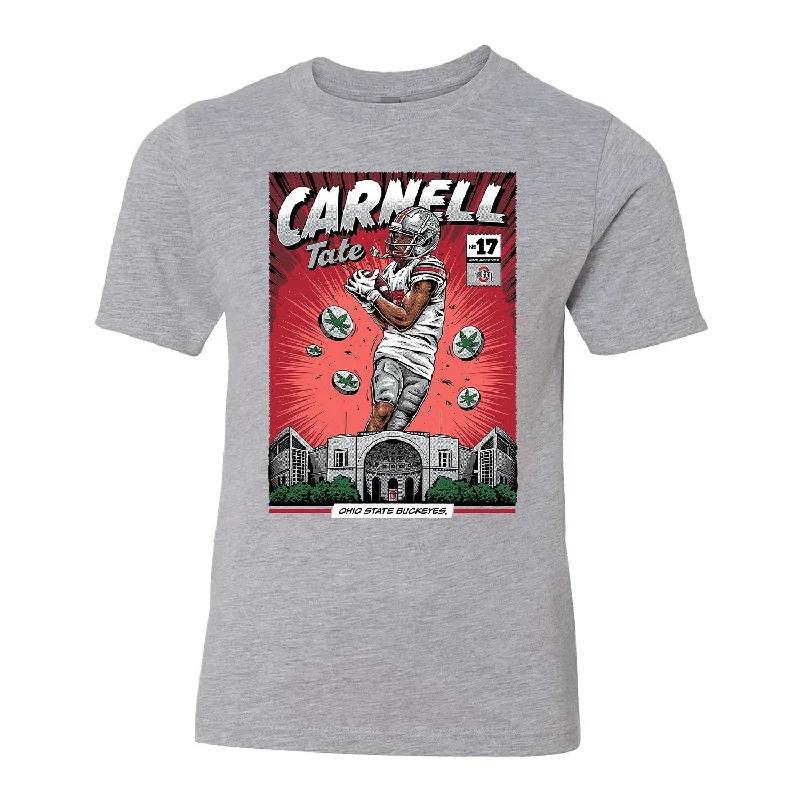 Youth Ohio State Buckeyes #17 Carnell Tate NIL Comic T-Shirt Dynamic Men's Glow