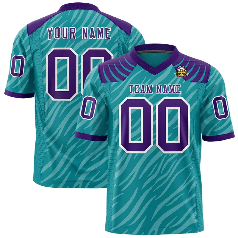 Custom Aqua White Personalized Tiger Stripe Graffiti Pattern Authentic Football Jersey Unique Men's Patch