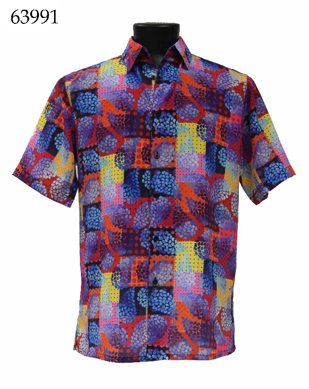 Bassiri Short Sleeve Button Down Casual Printed Men's Shirt - Leaf Pattern Multi #63991 British Gentleman Style