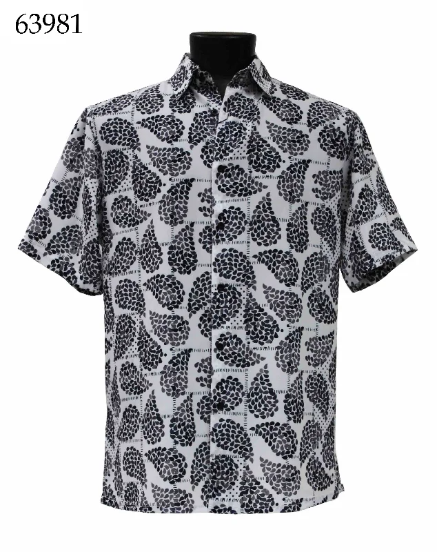 Bassiri Short Sleeve Button Down Casual Printed Men's Shirt - Leaf Pattern Black #63981 Rugged Men's Outdoor 