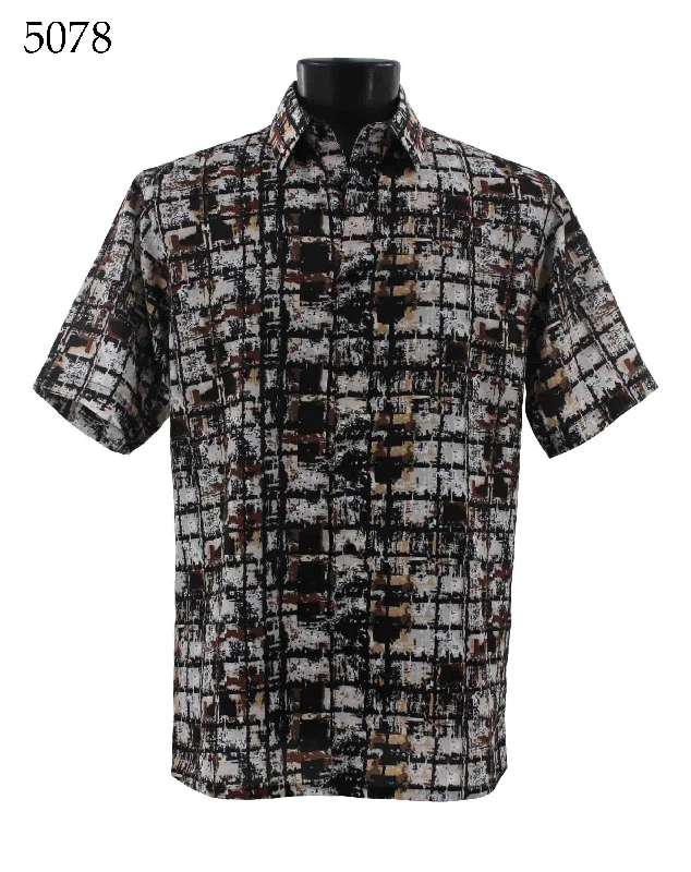 Bassiri Short Sleeve Button Down Casual Printed Men's Shirt - Squares Pattern Brown #5078 Sleek Men's Contemporary 