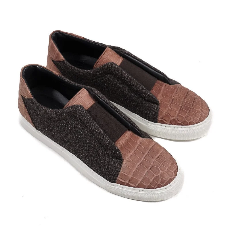 Isaia Crocodile and Wool Slip-On Sneakers Sophisticated Men's 