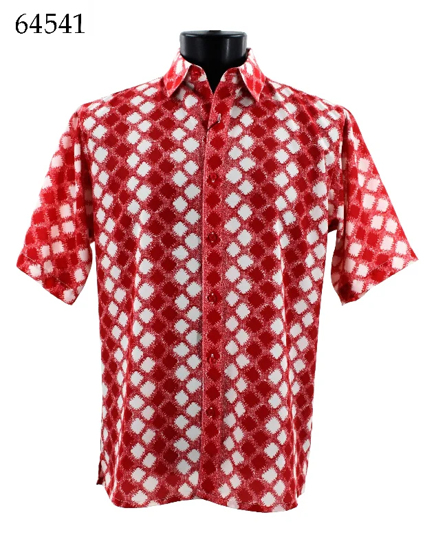 Bassiri Short Sleeve Button Down Casual Printed Men's Shirt - Harlequin Pattern Red #64541 Minimalist Men's Casual 