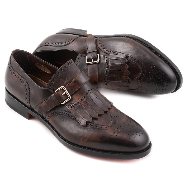 Santoni Brogued Monk Strap in Dark Brown Sporty Men's Tennis