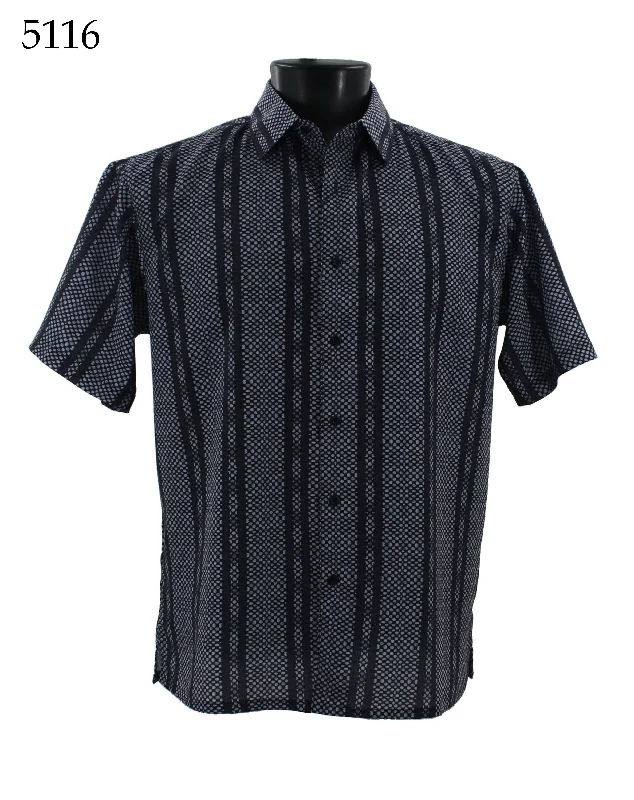 Bassiri Short Sleeve Button Down Casual Printed Men's Shirt - Stripe Pattern Navy #5116 Rugged Men's Outdoor 