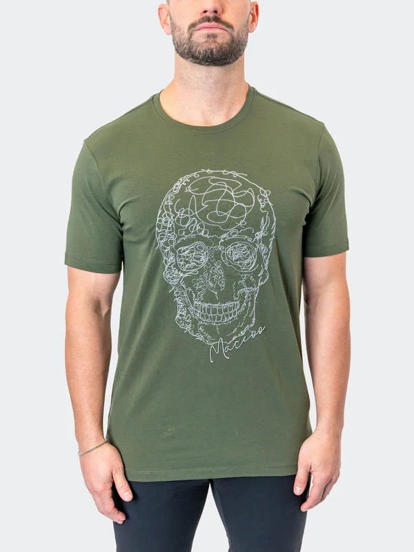 Maceoo Stretch Short-Sleeve Athletic Wear | Tee ScribbleSkull Army Green Confident Men's Power