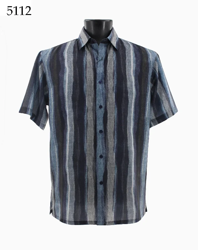 Bassiri Short Sleeve Button Down Casual Printed Men's Shirt - Wave Pattern Blue #5112 Athletic Men's Compression