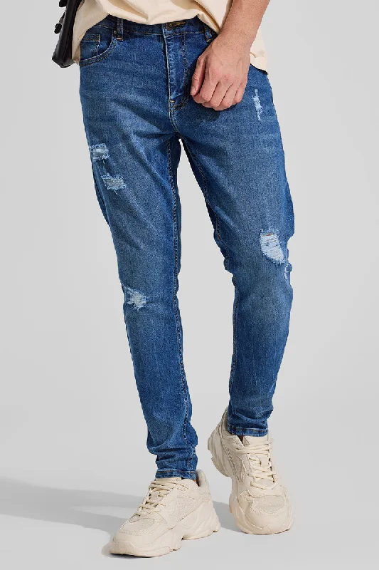 Blue Distressed Skinny Fit Jeans Dynamic Men's Moto