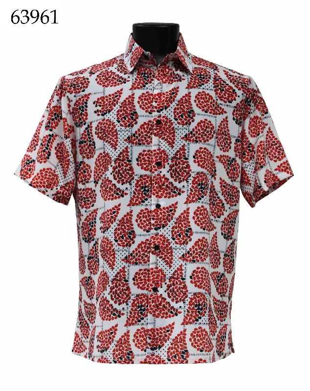 Bassiri Short Sleeve Button Down Casual Printed Men's Shirt - Leaf Pattern Red #63961 Casual Men's Japanese 