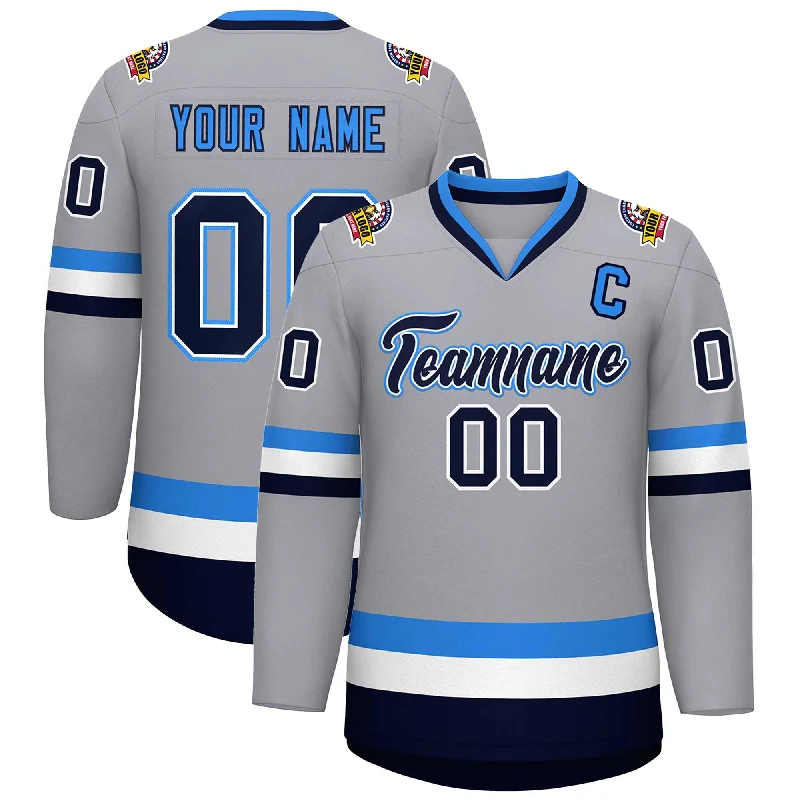 Custom Gray Navy White-Powder Blue Classic Style Hockey Jersey Youthful Men's Pop