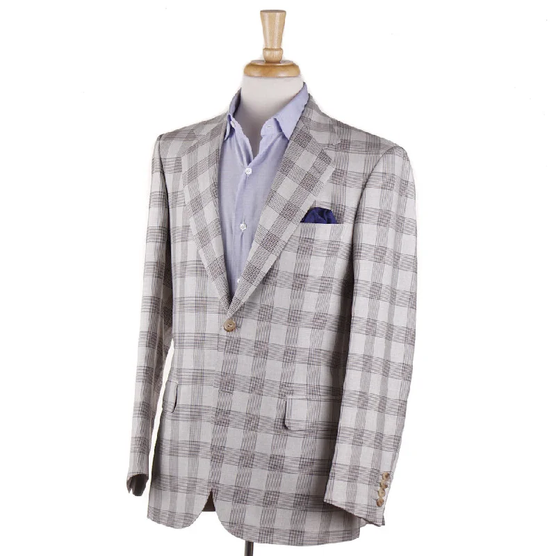 Brioni Pale Gray Check Wool-Silk-Linen Sport Coat Vintage Men's 1970S Disco