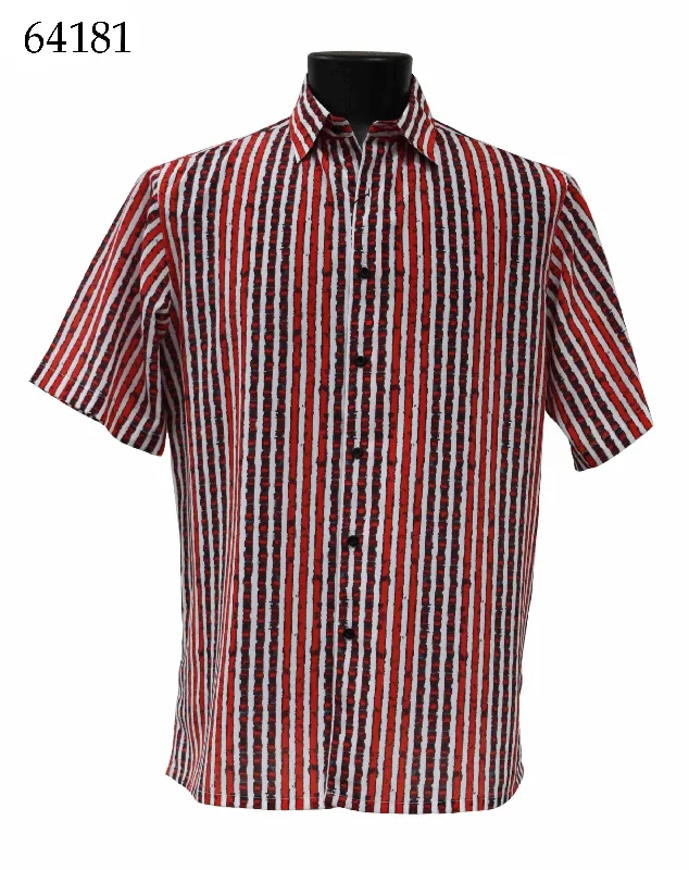 Bassiri Short Sleeve Button Down Casual Printed Men's Shirt - Multi Stripe Pattern Red #64181 Confident Men's Power