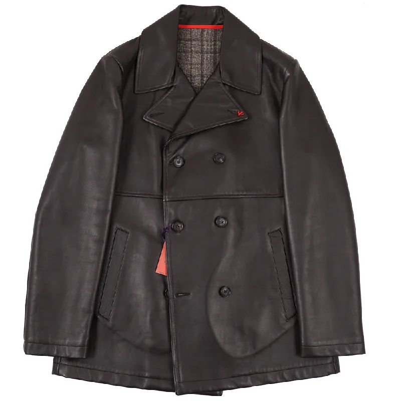 Isaia Leather Pea Coat with Wool Lining Sporty Men's Athleisure 