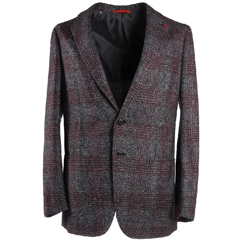 Isaia Gray-Burgundy Check Wool Sport Coat Cclassic Men's Tweed