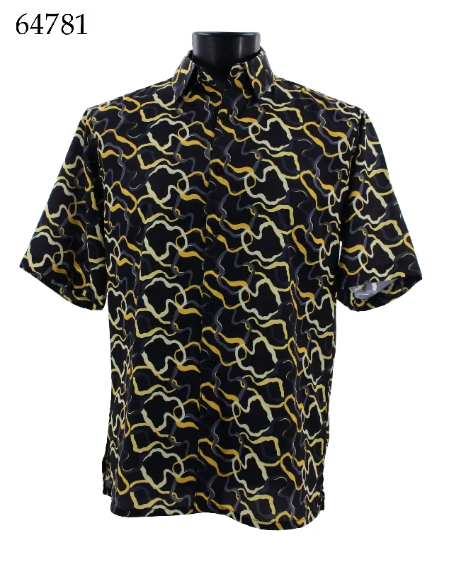 Bassiri Short Sleeve Button Down Casual Printed Men's Shirt - Squiggles Pattern Yellow #64781 Dapper Men's Bow