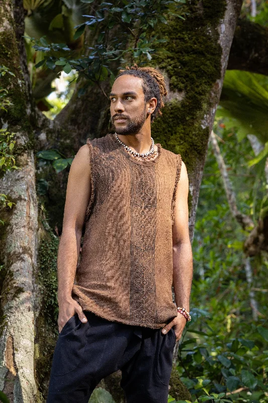 AKAU Tank Top Brown Sleeveless Shirt Shipibo Block Printed Handmade Natural Muscle Cotton Shamanic Tribal Festival Ceremony Ritual AJJAYA Lumberjack