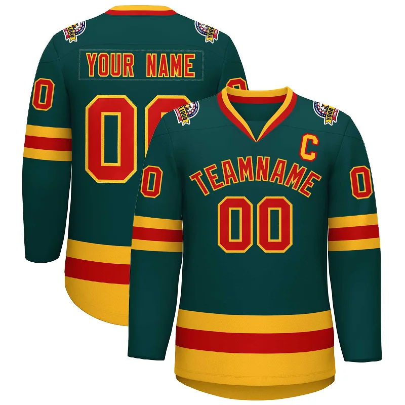 Custom Midnight Green Red-Gold Classic Style Hockey Jersey Edgy Men's Punk